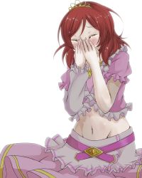 Rule 34 | 1girl, akihila, arms up, asymmetrical sleeves, blush, covered mouth, crying, closed eyes, highres, love live!, love live! school idol project, medium hair, midriff, navel, nishikino maki, pink shirt, pink skirt, puffy sleeves, red hair, shirt, simple background, skirt, solo, tiara, uneven sleeves, white background