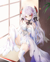 Rule 34 | 1girl, absurdres, antenna hair, azur lane, bare shoulders, black bow, bow, breasts, bridal gauntlets, collarbone, commentary, dasima, dress, dust, flower, garter straps, hair ornament, hand on breast, headgear, highres, holding, jewelry, lace, large breasts, long hair, looking at viewer, mole, mole on breast, multicolored hair, no shoes, parted bangs, plant, prinz eugen (azur lane), prinz eugen (symphonic fate) (azur lane), red hair, ring, silver hair, sitting, smile, solo, streaked hair, thighhighs, thighs, veil, very long hair, wedding dress, white flower, window, yellow eyes