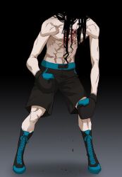 Rule 34 | 1boy, black gloves, black hair, black shorts, blood, blood on face, blue eyes, boots, gloves, long hair, looking down, manuel jean-pierre, no shirt, shorts, solo, the boxer, very long hair