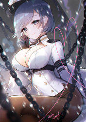 Rule 34 | 1girl, apple caramel, azur lane, black gloves, blue eyes, blue hair, blush, breasts, chain, chapayev (azur lane), commentary request, gloves, hair ornament, hairclip, hat, highres, jacket, large breasts, looking at viewer, military hat, mole, mole on breast, peaked cap, short hair, smile, solo, white hat, white jacket