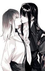 Rule 34 | 2girls, chinese commentary, choker, closed eyes, coat, collared shirt, commentary request, earrings, gloves, gradient hair, greyscale, hand on another&#039;s waist, highres, jewelry, kiss, long hair, long sleeves, miix777, monochrome, multicolored hair, multiple girls, necktie, necktie grab, neckwear grab, path to nowhere, rahu (path to nowhere), scar, scar across eye, shalom (path to nowhere), shirt, twitter username, upper body, yuri