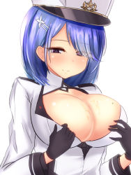 Rule 34 | 1girl, azur lane, black gloves, blue hair, blush, breasts, chapayev (azur lane), cleavage, cleavage cutout, clothing cutout, gloves, hair ornament, hairclip, hat, jacket, large breasts, looking at viewer, military hat, mole, mole on breast, peaked cap, sayashi (type5 labyrith), short hair, simple background, white background, white headwear, white jacket
