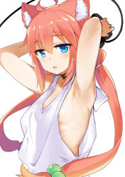 Rule 34 | 1girl, ahoge, animal ear fluff, animal ears, areola slip, armpits, arms behind head, black choker, blue eyes, breasts, cat ears, choker, commentary request, hair bobbles, hair ornament, hinata channel, kusano houki, long hair, looking at viewer, low twintails, nekomiya hinata, no bra, parted lips, pink hair, see-through silhouette, shirt, sideboob, simple background, sleeveless, sleeveless shirt, small breasts, solo, standing, twintails, upper body, virtual youtuber, white background, white shirt