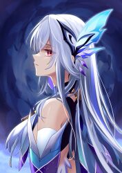 Rule 34 | 1girl, bare shoulders, butterfly hair ornament, commentary request, detached sleeves, dress, from side, genshin impact, grey hair, hair between eyes, hair ornament, highres, long hair, looking at viewer, mon-chan, open mouth, pink eyes, profile, simple background, skirk (genshin impact), solo, upper body
