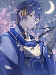 Rule 34 | 1boy, armor, black gloves, blue kimono, branch, cherry blossoms, crescent, dou, flower, gloves, hair between eyes, hair ornament, highres, japanese armor, japanese clothes, kagaku o, kimono, looking at viewer, male focus, mikazuki munechika, moon, moonlight, night, night sky, open mouth, outdoors, pink flower, shadow, short hair, sky, solo, touken ranbu, tree, upper body, wide sleeves, yellow eyes