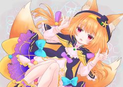 Rule 34 | 1girl, :d, animal ear fluff, animal ears, blonde hair, bow, capelet, commentary request, dress, fangs, flower knight girl, fox ears, fox girl, fox shadow puppet, fox tail, frilled dress, frills, hairband, hat, highres, hood, hood up, jacket, kitsune no botan (flower knight girl), long hair, long sleeves, mini hat, mini top hat, multiple tails, open mouth, red eyes, short dress, smile, tail, top hat, two tails, user pagz2757