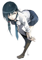 Rule 34 | 1girl, bent over, black eyes, black hair, black pantyhose, blue eyes, blue hair, bra, bracelet, breasts, clothes pull, dress shirt, earrings, face, female focus, foreshortening, full body, hair ornament, hairclip, highres, jewelry, kyo (kuroichigo), legs, lingerie, lips, loafers, long hair, long sleeves, matching hair/eyes, necktie, one eye closed, original, pantyhose, pantyhose pull, ponytail, school uniform, see-through, shirt, shoes, signature, simple background, skirt, sleeves rolled up, solo, underwear, undressing, white background, wink