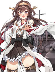 1girl ahoge boots brown_hair cannon dairyo3 detached_sleeves double_bun hair_bun hairband headgear highres japanese_clothes kantai_collection kongou_(kancolle) kongou_kai_ni_(kancolle) long_hair nontraditional_miko open_mouth purple_eyes ribbon-trimmed_sleeves ribbon_trim rigging solo thigh_boots turret wide_sleeves