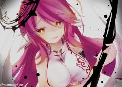 Rule 34 | 1girl, angel wings, bad id, bad pixiv id, breasts, commentary request, spiked halo, crop top, cross, evil smile, halo, jibril (no game no life), large breasts, long hair, low wings, magic circle, no game no life, pink hair, smile, solo, symbol-shaped pupils, twitter username, white wings, wing ears, wings, yamine kuro, yellow eyes