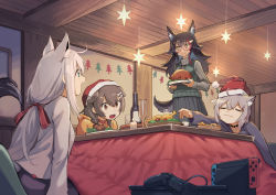 Rule 34 | 4girls, ahoge, alcohol, animal ears, blue eyes, christmas, closed eyes, collar, commentary request, game console, glasses, hat, highres, hololive, hololive gamers, inugami korone, kotatsu, low ponytail, low twintails, multiple girls, nekomata okayu, nintendo switch, ookami mio, playstation 4, playstation controller, reaching, reaching towards viewer, santa hat, shirakami fubuki, sweater, table, tail, tugo, twintails, virtual youtuber, wine, yellow eyes