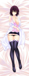 Rule 34 | 1girl, absurdres, bare shoulders, black panties, black thighhighs, blush, breasts, cleavage, clothes lift, collarbone, dakimakura (medium), female focus, fingernails, groin, hand on own chest, highres, knees together feet apart, lab coat, large breasts, looking at viewer, lying, mikado ryouko, miniskirt, multicolored eyes, no bra, on back, open clothes, panties, panty pull, short hair, skirt, skirt lift, solo, thighhighs, to love-ru, underwear, yellow eyes