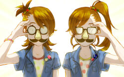 Rule 34 | 2girls, adjusting eyewear, bead bracelet, beads, bespectacled, bracelet, brown hair, commentary request, eyebrows hidden by hair, fake facial hair, fake mustache, futami ami, futami mami, glasses, groucho glasses, hair ornament, hand up, idolmaster, idolmaster (classic), jewelry, looking at viewer, mappy (minogue), medium hair, multiple girls, one side up, short hair, short sleeves, siblings, side-by-side, side ponytail, simple background, sisters, star (symbol), star hair ornament, swept bangs, twins, upper body, white background