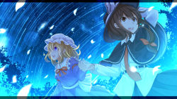 Rule 34 | 2girls, bow, capelet, dress, frilled dress, frills, hair ribbon, hat, highres, holding, holding clothes, holding hands, holding hat, long sleeves, maribel hearn, mob cap, multiple girls, necktie, night, night sky, purple dress, ribbon, shirt, skirt, sky, star (sky), star trail, starry sky, tamahana, touhou, trojan green asteroid, usami renko, when you see it