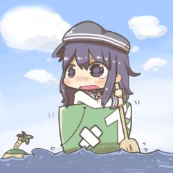Rule 34 | 10s, 1girl, akatsuki (kancolle), anchor symbol, black hair, bucket, chibi, commentary request, flat cap, hat, inishie, kantai collection, long hair, long sleeves, open mouth, school uniform, serafuku, solo, tears, wavy mouth