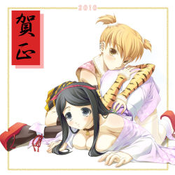 Rule 34 | 10s, 2010, 2girls, animal print, bell, neck bell, black hair, blonde hair, breast press, breasts, cleavage, clog sandals, collar, detached sleeves, ear piercing, earrings, fang, highres, japanese clothes, jewelry, kimono, large breasts, long hair, multiple girls, original, piercing, short kimono, thighhighs, tiger print, top-down bottom-up, twintails, yousisi