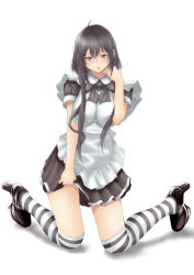 Rule 34 | 1girl, apron, black hair, blush, breasts, brown eyes, dress, full body, hand to head, high heels, kneeling, large breasts, long hair, looking at viewer, muffin (sirumeria), original, short hair with long locks, simple background, solo, striped clothes, striped thighhighs, thighhighs, uniform, white background