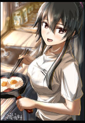 Rule 34 | alternate costume, black hair, border, breasts, cooking, egg (food), food, food focus, fried egg, hairband, highres, kantai collection, kitchen, long hair, looking at viewer, medium breasts, open mouth, ponytail, seitei (04seitei), shirt, sketch, solo, upper body, white shirt, yahagi (kancolle)