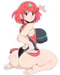 Rule 34 | 1girl, ass, bare shoulders, barefoot, blush, breasts, competition swimsuit, covered erect nipples, curvy, earrings, feet, full body, gem, hair ornament, highres, hip focus, huge ass, huge breasts, jewelry, jinu (jinusenpai), looking at viewer, looking back, nintendo, one-piece swimsuit, open mouth, pyra (xenoblade), red eyes, red hair, short hair, simple background, sitting, smile, solo, suspenders, swimsuit, thick thighs, thighs, tiara, toes, wariza, wide hips, xenoblade chronicles (series), xenoblade chronicles 2