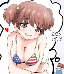Rule 34 | 1girl, alisa (girls und panzer), american flag bikini, amogan, bikini, blush, breasts, brown eyes, brown hair, cleavage, commentary request, crossed arms, dated, dreaming, flag print, freckles, girls und panzer, hair ornament, half-closed eyes, head tilt, heart, highres, korean commentary, leaning forward, looking at viewer, medium breasts, open mouth, partial commentary, short hair, short twintails, sleeping, smile, solo, standing, star (symbol), star hair ornament, swimsuit, thought bubble, twintails
