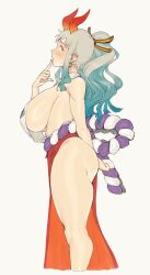 Rule 34 | 1girl, ass, breasts, commentary, english commentary, gradient hair, green hair, grey background, highres, horns, large breasts, long hair, lushhhh, multicolored hair, one piece, orange eyes, ponytail, profile, red horns, rope, shimenawa, sideboob, sidelocks, simple background, solo, standing, thighs, white hair, yamato (one piece)