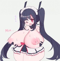 Rule 34 | 1girl, ;o, aliceyawnin, bare shoulders, blue eyes, blue hair, blush, bow, breast hold, breasts, frills, grabbing own breast, highres, lactation, large breasts, long hair, looking at viewer, maid headdress, nipples, one eye closed, open mouth, original, puffy nipples, red eyes, shortstack, sidelocks, simple background, skirt, thick thighs, thighs, twintails