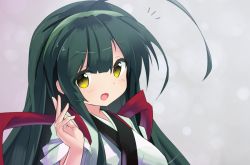 Rule 34 | 1girl, :d, ahoge, blush, brown eyes, commentary request, green hair, green hairband, green kimono, hair between eyes, hairband, hand up, japanese clothes, kimono, long hair, open mouth, red ribbon, ribbon, ryogo, smile, solo, touhoku zunko, upper body, very long hair, voiceroid