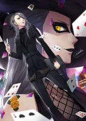 Rule 34 | 10s, 1girl, black hat, black lips, black pants, black shirt, card, dated, flower, grey hair, hat, holding, jewelry, lipstick, long hair, looking at viewer, makeup, necklace, niijima sae, pants, persona, persona 5, red eyes, shadow (persona), shadow sae, shirt, signature, solo, spoilers, standing, werkbau, yellow eyes, yellow flower