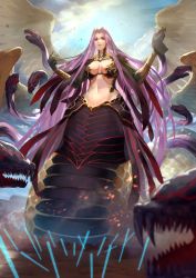 Rule 34 | 1girl, bare shoulders, breasts, bustier, claws, cleavage, cleavage cutout, clothing cutout, fate/grand order, fate (series), snake hair, gorgon (fate), large breasts, long hair, medusa (fate), medusa (rider) (fate), monster girl, navel, pelvic curtain, purple eyes, purple hair, rider, scales, shin716, slit pupils, smile, snake, snake hair, snake tail, square pupils, tail, very long hair, wings