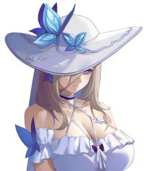 Rule 34 | 1girl, absurdres, aponia (honkai impact), aponia (mesmerizing blue), blue butterfly, breasts, bug, butterfly, cleavage, collarbone, frilled one-piece swimsuit, frilled swimsuit, frills, hat, highres, honkai (series), honkai impact 3rd, insect, large breasts, light brown hair, long hair, one-piece swimsuit, purple eyes, simple background, solo, swimsuit, tutou jiang, white background, white hat
