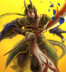 Rule 34 | 1boy, antlers, artist request, dragon boy, dragon tail, green hair, grin, horns, long hair, monster boy, naginata, original, pixiv fantasia, pixiv fantasia fallen kings, pointy ears, polearm, ponytail, scales, shoulder pads, slit pupils, smile, tail, weapon, yellow background, yellow eyes