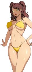 Rule 34 | 1girl, bikini, breasts, brown hair, cameltoe, cleavage, curvy, hand on own hip, highres, kujikawa rise, large breasts, navel, persona, persona 4, shadow rise, smile, solo, stormfeder, swimsuit, thighs, third-party edit, thong bikini, twintails, wide hips, yellow bikini, yellow eyes