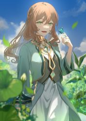 Rule 34 | 1girl, absurdres, alternate costume, brown hair, bug, butterfly, dress, genshin impact, green dress, green eyes, highres, insect, jewelry, lisa (genshin impact), long hair, looking at viewer, necklace, open mouth, plant, smile, solo, yamabuki0211