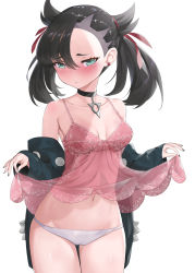 Rule 34 | 1girl, asymmetrical bangs, black choker, black hair, black jacket, blush, breasts, breasts apart, cameltoe, choker, clothes lift, collarbone, commentary request, covered erect nipples, cowboy shot, creatures (company), crystal shoujo, dress, dress lift, earrings, game freak, green eyes, hair ribbon, highres, jacket, jewelry, lifted by self, long sleeves, looking at viewer, marnie (pokemon), medium hair, navel, nintendo, off shoulder, open clothes, open jacket, panties, pillow, pink dress, pokemon, pokemon swsh, ribbon, simple background, sleeveless, sleeveless dress, small breasts, solo, spaghetti strap, stomach, twintails, undercut, underwear, white background, white panties