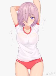 Rule 34 | 1girl, alternate costume, arm behind head, arm up, bra, breasts, buruma, cleavage, closed mouth, dated, fate/grand order, fate (series), gluteal fold, grey background, gym uniform, hair over one eye, kuavera, looking at viewer, mash kyrielight, pink hair, purple bra, purple eyes, red buruma, see-through, shirt, short hair, short sleeves, simple background, solo, sportswear, twitter username, underwear, wet, wet clothes, wet shirt