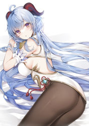 Rule 34 | 1girl, ahoge, ass, bare shoulders, bell, blue hair, blush, breasts, brown pantyhose, china dress, chinese clothes, cowbell, dress, ganyu (genshin impact), genshin impact, highres, horns, large breasts, long hair, looking at viewer, pantyhose, purple eyes, side slit, solo, thighs, white dress, yukineko1018