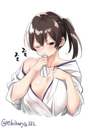 Rule 34 | 1girl, bare shoulders, breasts, brown eyes, cleavage, coughing, cropped torso, ebifurya, handkerchief, highres, japanese clothes, kaga (kancolle), kantai collection, kimono, large breasts, long hair, one-hour drawing challenge, side ponytail, simple background, solo, suggestive fluid, twitter username, upper body, v-shaped eyebrows, white background, white kimono