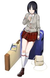 Rule 34 | 1girl, akiyama mio, alternate costume, bag, black eyes, black hair, book, brown footwear, cardigan, commentary request, cup, disposable cup, drinking, drinking straw, drinking straw in mouth, full body, grey cardigan, handbag, highres, holding, holding cup, k-on!, kneehighs, loafers, long hair, long sleeves, looking at viewer, luggage, plaid, plaid skirt, red skirt, saya endo (27), school uniform, shirt, shoes, simple background, skirt, socks, solo, white background, white shirt, white socks