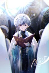 Rule 34 | 1boy, 4others, aged down, alger wilson, blue eyes, blue hair, book, cassock, chinese commentary, choir, choir, commentary request, hat, highres, holding, holding book, light, looking at viewer, lord of the mysteries, multiple others, notebook, open book, qingyujiuchuan, signature, smile, stained glass, white headwear, window