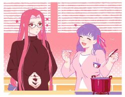 Rule 34 | 2girls, black sweater, blush, border, closed mouth, cooking, cooking pot, cup, fate/stay night, fate (series), glasses, hair ribbon, hal (haaaalhal), happy, heart, holding, holding cup, holding ladle, ladle, long hair, looking at another, matou sakura, medusa (fate), multiple girls, pink hair, pink ribbon, pink sweater, purple hair, red eyes, ribbon, shirt, signature, sweater, very long hair, white border, white shirt