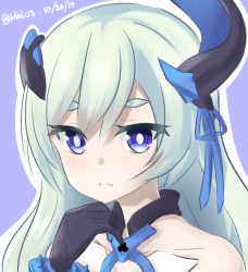 Rule 34 | 1girl, blue ribbon, bright pupils, closed mouth, dated, gloves, green hair, hand up, highres, honkai (series), honkai impact 3rd, horn ornament, horn ribbon, horns, klaius, liliya olenyeva, long hair, looking at viewer, outline, portrait, purple eyes, ribbon, solo, twitter username, white outline, white pupils