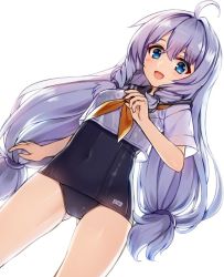 Rule 34 | 1girl, ahoge, arm up, bad id, bad pixiv id, blue eyes, covered navel, female focus, gluteal fold, long hair, looking at viewer, low-tied long hair, one-piece swimsuit, open mouth, purple hair, school swimsuit, school uniform, serafuku, shirt, simple background, smile, solo, soulworker, standing, stella unibell, swimsuit, swimsuit under clothes, tama (tamatamo), twintails, white shirt
