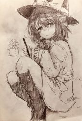 Rule 34 | 2girls, blush, boots, bow, can, closed mouth, efukei, hair between eyes, hair bow, hat, hat bow, highres, holding, holding can, looking at viewer, maribel hearn, mob cap, monochrome, multiple girls, phone, scarf, touhou, traditional media, usami renko