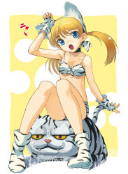 Rule 34 | 1girl, animal ears, animal print, bad id, bad pixiv id, bare legs, bare shoulders, bikini, blonde hair, blue eyes, cat ears, choker, fake animal ears, fang, fingerless gloves, flat chest, gloves, hirokiku, legs, looking at viewer, new year, nyan, open mouth, original, paw pose, sitting, solo, swimsuit, tiger, tiger ears, tiger print, twintails