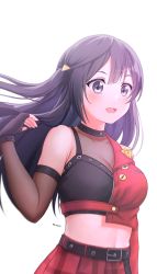 Rule 34 | 1girl, belt, black hair, blush, breasts, cleavage, collarbone, commentary, diootaro, dive! (love live!), elbow gloves, english commentary, fingerless gloves, gloves, grey eyes, hair ornament, highres, jacket, long hair, looking at viewer, love live!, love live! nijigasaki high school idol club, medium breasts, midriff, one side up, see-through, sidelocks, simple background, single sleeve, smile, solo, twitter username, upper body, white background, yuki setsuna (love live!)