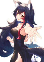 Rule 34 | 1girl, :d, animal ears, bare arms, bare shoulders, black dress, black hair, black nails, blue hair, blush, breasts, cleavage, collar, collarbone, cowboy shot, dress, gradient hair, highres, hololive, looking at viewer, medium breasts, multicolored hair, nail polish, nishino eri, ookami mio, open mouth, orange eyes, outstretched arm, pelvic curtain, red hair, simple background, smile, solo, strapless, strapless dress, streaked hair, tail, two-tone hair, virtual youtuber, white background, wolf ears, wolf girl, wolf tail