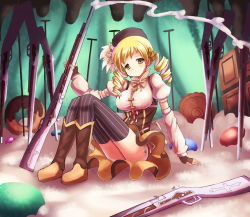 Rule 34 | 10s, 1girl, beret, blonde hair, blush, boots, breasts, brown thighhighs, candy, detached sleeves, doughnut, drill hair, fingerless gloves, food, gloves, gun, hair ornament, hairpin, hakkotsu shitai, hat, large breasts, magical girl, magical musket, mahou shoujo madoka magica, mahou shoujo madoka magica (anime), pleated skirt, puffy sleeves, ribbon, rifle, sitting, skirt, solo, striped clothes, striped thighhighs, thighhighs, tomoe mami, twin drills, twintails, vertical-striped clothes, vertical-striped thighhighs, weapon, witch&#039;s labyrinth, zettai ryouiki