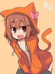 Rule 34 | 10s, 1girl, :d, bow, brown hair, fang, hood, hooded jacket, hoodie, ikazuchi (kancolle), jacket, kantai collection, leaning forward, md5 mismatch, naked hoodie, nanateru, open mouth, resized, short hair, smile, solo, tail, thighhighs, unzipped