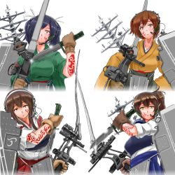 Rule 34 | 10s, 4girls, adapted costume, aimpoint, akagi (kancolle), alternate costume, bad id, bad pixiv id, bow (weapon), breasts, brown eyes, brown hair, combat knife, hiryuu (kancolle), japanese clothes, kaga (kancolle), kantai collection, knife, large breasts, long hair, multiple girls, muneate, saizu nitou gunsou, sgt.size, short hair, side ponytail, souryuu (kancolle), tattoo, twintails, weapon
