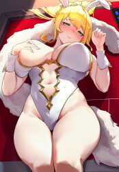 Rule 34 | 1girl, absurdres, animal ears, artoria pendragon (all), artoria pendragon (fate), artoria pendragon (swimsuit ruler) (fate), bare legs, blonde hair, blush, braid, breasts, closed mouth, clothing cutout, fake animal ears, fate/grand order, fate (series), feather boa, green eyes, hand on own chest, highleg, highleg leotard, highres, large breasts, leotard, long hair, looking at viewer, lying, navel cutout, on back, playboy bunny, ponytail, rabbit ears, smile, solo, strapless, strapless leotard, thighs, white leotard, yi ke si gali bang