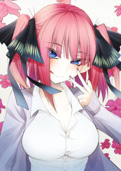 Rule 34 | 1girl, black ribbon, blue eyes, blunt bangs, blush, breasts, cleavage, closed mouth, cluseller, collarbone, eyes visible through hair, female focus, floral background, flower, go-toubun no hanayome, gradient hair, grey background, hair ribbon, hand up, happy, highres, large breasts, licking lips, long hair, long sleeves, looking at viewer, multicolored hair, nail polish, nakano nino, orange hair, pink flower, pink hair, purple nails, ribbon, shirt, sidelocks, sleeves past wrists, smile, solo, tongue, tongue out, two side up, upper body, v, white shirt